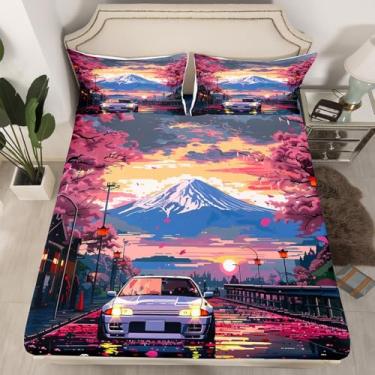 Imagem de Jogo de lençol solteiro infantil de carro de corrida, japonês, Ukiyo-e Sakura, flor de cerejeira, decoração de quarto de meninas e mulheres, capa de cama moderna de esportes radicais, rosa e azul, 1