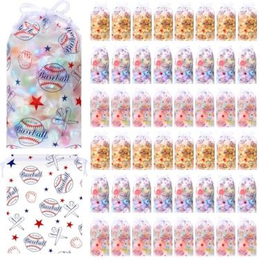 Imagem de Lemosae Pacote com 50 sacos de presente de beisebol com cordão a granel, sacolas de lembrancinhas de plástico, para festa esportiva, tema esportivo, aniversário, chá de bebê, festa, suprimentos para