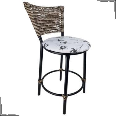 Imagem de Banqueta Baixa com Encosto em Junco Cappuccino Assento em Corino e Estrutura de Aço Preto Ideal para Cozinhas Áreas Gourmet e Varandas (FLORAL BRANCO)