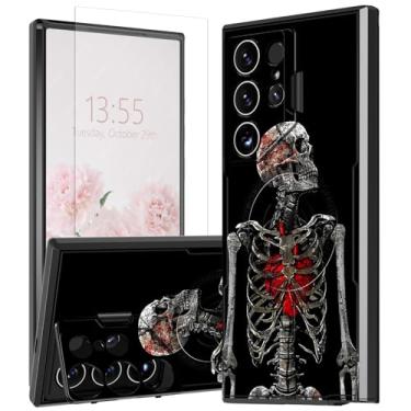 Imagem de Capa para celular Samsung Galaxy S24 Ultra de 6,8 polegadas com protetor de tela e suporte de câmera embutido esqueleto humano caveira coração design magnético resistente à prova de choque capa para
