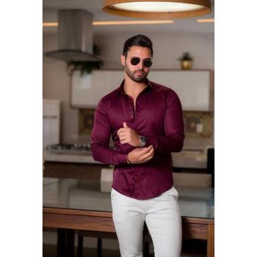 Imagem de Camisa Social Masculina Slim Manga Longa Acetinada Vinho - Conquest, M