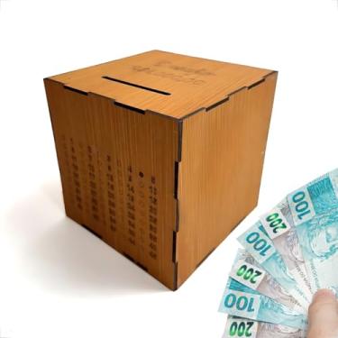 Imagem de Cofre Cubo de MDF Caramelo para Desafio de Poupança Economize até R$20.000 Metodo Japonês Woodbox 15x15cm (R$ 1 Mil)
