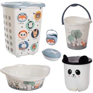 Imagem de Kit Plasútil 6 pçs Bebê Cesto Lixeira Bacia Balde Saboneteira Porta Chupeta (Bichinhos Menino)