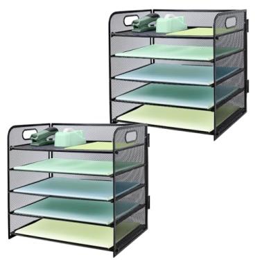 Imagem de IOUGDSEC Bandeja de papel para cartas com alça, pacote com 2, organizador de arquivos de mesa de malha de metal de 5 camadas, bandejas de arquivamento de papel A4, porta-documentos para revistas