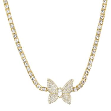 Imagem de ICE STAR Corrente feminina de elos de borboleta com gelo de 45,7 cm – Colar estilo hip-hop com pedras simuladas, joia moderna para presente, Zinco, Zircônia cúbica