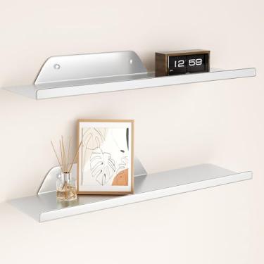 Imagem de Prateleiras flutuantes para parede, prateleiras de metal fora do centro para sala de estar, prateleiras flutuantes prateadas para decoração de parede, prateleiras suspensas de 40 cm para quarto