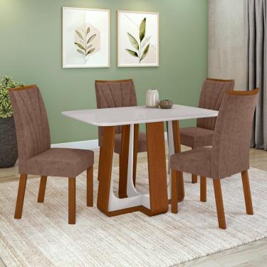 Imagem de Conjunto Sala de Jantar Mesa Easy Pop 120x80cm Tampo Vidro/MDF com 4 Cadeiras Confort Couro Morano Avelã Frassino/off White