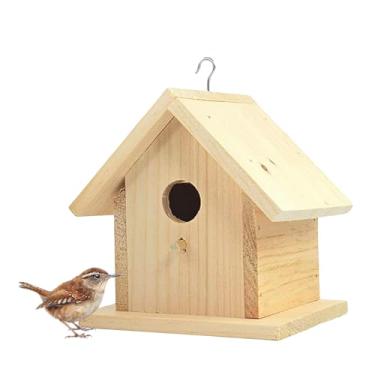 Imagem de Birdhouse inacabado para pintar para observar pássaros com poleiro, moldura de madeira natural de pinheiro para Finches e Songbirds, uso pesado para pendurar ao ar livre (19 cm)