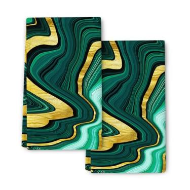Imagem de Conjunto de 2 toalhas de prato de cozinha douradas verde-escuro esmeralda, toalhas de chá decorativas de mármore turquesa para cozinha, banheiro, casa de fazenda, decoração de casa, 41 x 61 cm, pano