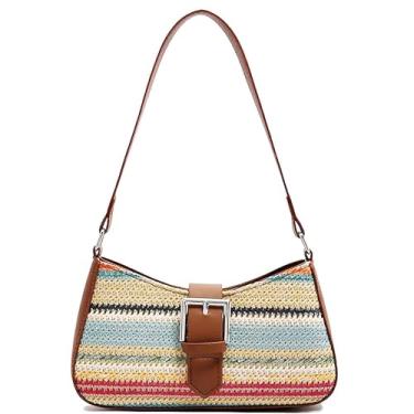 Imagem de RTGGSEL Boho Summer Retro Bolsa Feminina de Palha Rattan Praia Bolsa de Ombro Bolsa Hobo Underarm Bolsa de Palha, Marrom multicolorido, Large, Boêmio