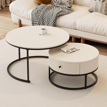 Imagem de Conjunto redondo de mesa de café de ninho de 2, empilhamento de mesa lateral com moldura de metal dourado, mesa de chá de sofá para espaço pequeno/sala de estar/quarto, b, (80x46)+(60x36) cm