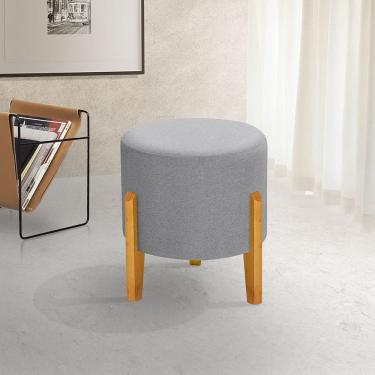 Imagem de Puff Orgânico Redondo Para Sala e Quarto Dakota Pés Madeira Linho Cinza Claro