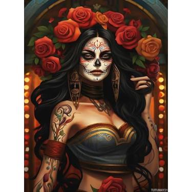 Imagem de TUTUMAY21 Kits de pintura de diamante de mulher crânio de açúcar para adultos sexy mulher mexicana e rosas pintura de diamante 5D pintura de diamante completo paisagem para decoração de parede de
