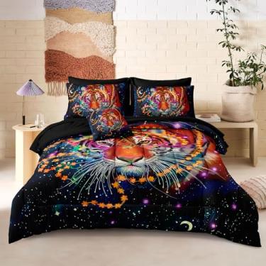 Imagem de Bedorm Jogo de cama King com estampa de tigre floral, galáxia, preto e azul, estrelas, lua e céu estrelado, boêmio, chique, celestial, preto em uma bolsa com edredom e conjunto de lençol