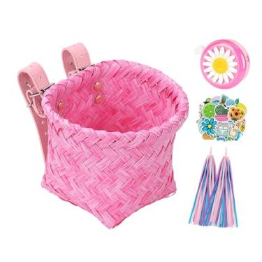 Imagem de kowaku Decoração de bicicleta infantil, cesta frontal de bicicleta, sino e adesivos, carga frontal de motocicleta destacável fofa para crianças, meninas e, Rosa