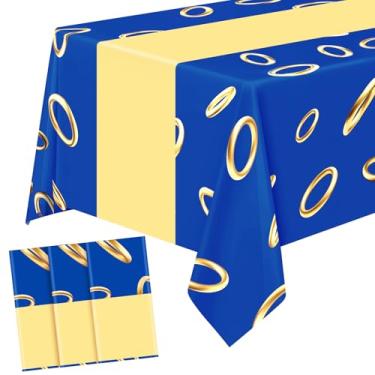 Imagem de Oudain Toalha de mesa de plástico azul com estampa de anel de ouro, 272 x 137 cm, capa de mesa de tinsel para videogames, tema de desenho animado, decoração de festa de aniversário