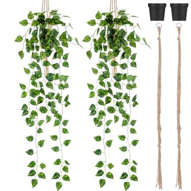 Imagem de Folmywy Pacote com 2 plantas artificiais penduradas, videiras com vaso, vegetação falsa, planta, hera, folhas, decoração para prateleira, sala de estar, quarto, jardim, festa de casamento, ambientes