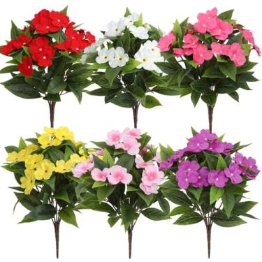 Imagem de TONGMAN 6 peças de flores artificiais impatiens para atividades ao ar livre, flores de seda, vegetação, impatiens artificiais para pátio, gramado, jardim, varanda, panela, cesta pendurada, decoração