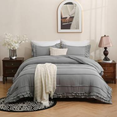 Imagem de Cama Queen Size Boho Shabby Chic Babados Casa de Fazenda Decoração de Casa Cinza Plissado Macio Leve 3 Peças