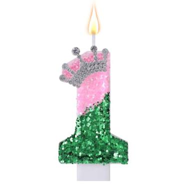 Imagem de Rosa Vela Numero Aniversário, Brilhante Lantejoulas Verde Decoração Bolo com Design Coroa Strass para Decoração Festa Aniversário Casamento (Número 1)