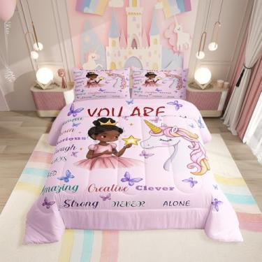 Imagem de Jogo de cama solteiro para meninas, desenho animado, unicórnio, americano, africano, cabelo cacheado, princesa, melanina, animal mágico, cavalo, kawaii, decoração de quarto