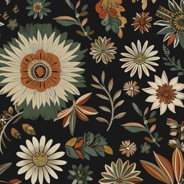 Imagem de BOKEBEVE Papel de parede preto escuro descasque e cole papel de contato floral vintage Boho papel de parede para prateleira, armário, bancada, paredes removíveis para locatários, 44 x 1000 cm