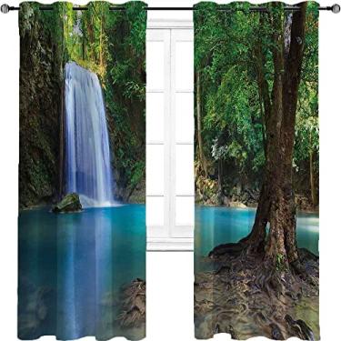 Imagem de Cortina blecaute floresta com ilhós, cachoeira selva plantas tropicais árvores atração turística, três camadas trançadas anel de redução de ruído cortina de sombra, L 132 x C 213 cm azul turquesa