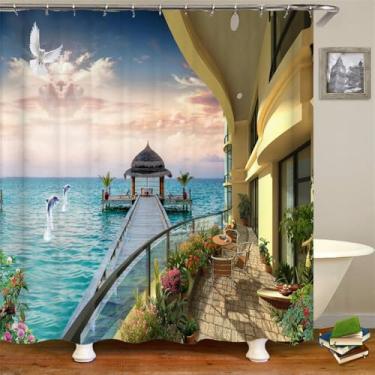 Imagem de Impressão Ensolarado Cenário Litorâneo Banheiro Cortina de Chuveiro Mar Mediterrâneo Cortina de Banho com Ganchos Decoração para Casa, JK9040, L180 x A200 cm
