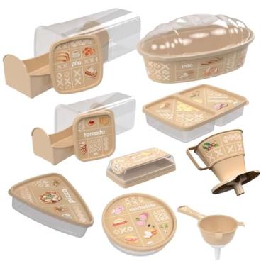 Imagem de Kit 9PÇS - Porta Pão de Forma + Porta Torradas + Porta Pães Oval + Porta Frios + Porta Mortadela + Porta Pizza + Manteigueira + Peneia Funil + Suporte Filtro 103 - Bege Decorado Café Colonial Plasútil