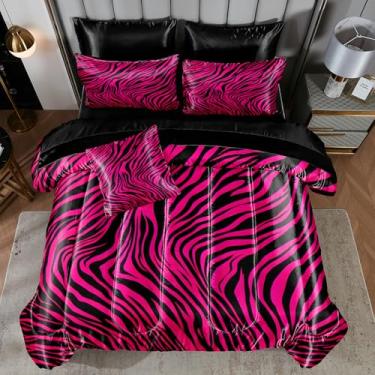 Imagem de Conjunto de cama com estampa de zebra, rosa, cetim rosa choque, estampa de zebra, tema de vida selvagem africana, seda como seda, em uma bolsa, preto e rosa