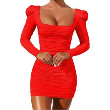 Imagem de Mulheres Sexy Bodycon Mini Vestido Outono Puff Manga Manga Longa Saia Slim Colarinho Quadrado Clube De Festa Vestidos Casuais Curtos, 0906-red, XS