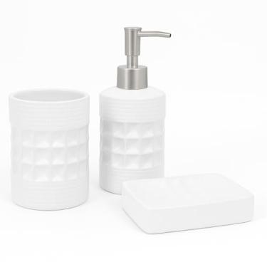 Imagem de Conjunto Banheiro - 3 Peças em Porcelana com Textura Sofisticada, Organizador com Dispenser, Porta-Escovas e Saboneteira (Branco Pequim)