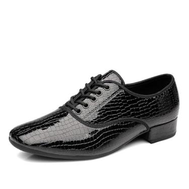 Imagem de Sapatos de dança de salão masculinos de couro envernizado com cadarço latino salsa valsa sapatos de dança do lado de fora, Preto, 42