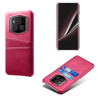 Imagem de Capas Compatível com Honor Magic 6 RSR,Caso de couro PU-Tampa de telefone a prova de choque com 2 slots de cartão,Proteção anti-impressão digital e anti-gota-Rose Red