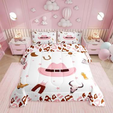 Imagem de Erosebridal Conjunto de cama casal rosa ocidental, chapéu de vaqueira, para meninas e adolescentes, edredom com estampa de vaca rosa, caveira de touro, ferradura, decoração de quarto, 2 fronhas, leve