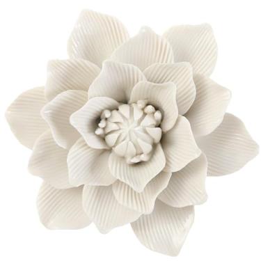 Imagem de ALYCASO Decoração de parede de flor de cerâmica arte 3D artesanal escultura de flores presentes modernos para sala de estar corredor quarto sala de jantar ao ar livre branco K4 18 cm