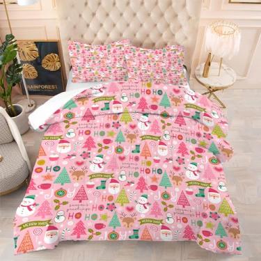 Imagem de EDGZKO Conjunto de edredom rosa de Natal: King Size Feliz Natal, boneco de neve, fofo Papai Noel, verde, árvore de Natal, pinheiro, alce, colchas de ano novo, 1 edredom e 2 fronhas