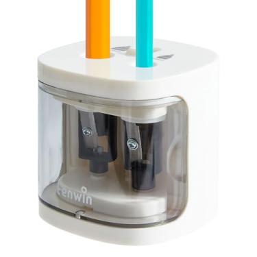 Imagem de tenwin Apontador de lápis elétrico, apontador de lápis de furo duplo alimentado por bateria, pequeno e portátil, adequado para lápis de cor nº 2 de 6 a 12 mm, crianças, escola/casa (branco)