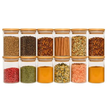 Imagem de Jogo 12 potes de vidro 250ml com tampa de bambu herméticos para tempero - Oikos