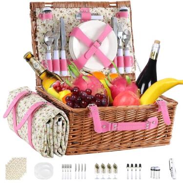 Imagem de Neti Neti Cesta de piquenique de vime para 4 pessoas com refrigerador isolado e cobertor impermeável – Grande cesto de piquenique de salgueiro para atividades ao ar livre, acampamento, praia