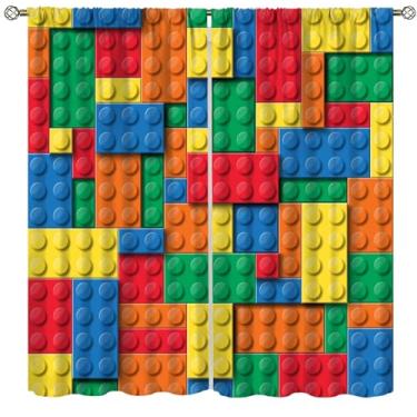 Imagem de Cortinas de brinquedo de blocos de montar, contorno abstrato colorido tijolo de plástico estampa geométrica cortinas de tratamento de janela para quarto de menino menina conjunto de 2 painéis, 150 x