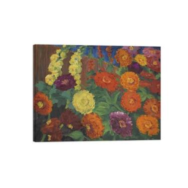 Imagem de Pintura de arte de parede - Zinnias e Hollyhocks-Famous Canvas Prints Ready to Hang-Canvas Picture Reprodutions - Pôster de arte para sala de estar 40 x 50 cm 16 x 20 polegadas Tela embrulhada