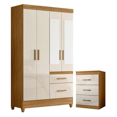 Imagem de Guarda Roupa Solteiro Madri com espelho e Cômoda Vitória Freijó Off White – Moval