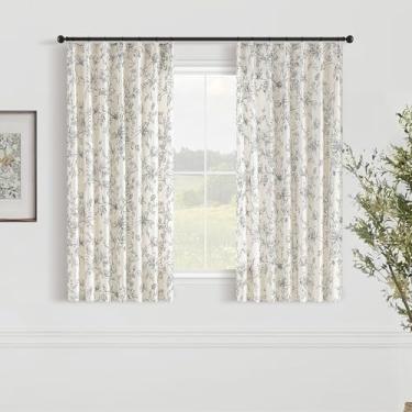 Imagem de Cortinas de janela plissadas de linho floral vintage, 137 cm de comprimento, plissadas, cortinas de filtragem de luz, casa de campo, quinta, estampa de flor preta, cortina semitransparente para quarto