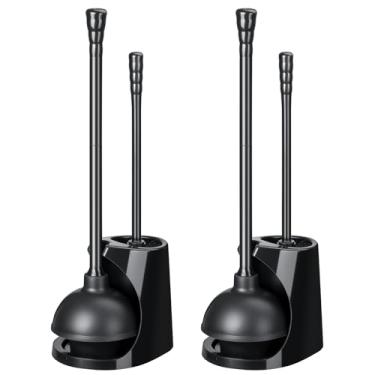 Imagem de Qaestfy Conjunto de desentupidor e escova de vaso sanitário para limpeza de banheiro, escova de vaso sanitário de cabo longo 2 em 1 com cerdas rígidas e êmbolo potente, suporte para economia de espaço