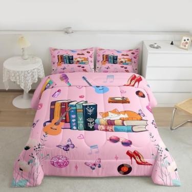 Imagem de jejeloiu Jogo de cama solteiro com estampa de gato, cantora, música, livros e gatos, rosa, decoração de quarto, 1 edredom e 1 fronha