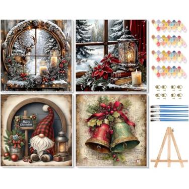 Imagem de VIGEGU Pacote com 4 kit de pintura de Natal por números para adultos com moldura, lanterna de sino de veado, tinta gnomo por número, com cavalete de madeira, faça você mesmo, kits de pintura para
