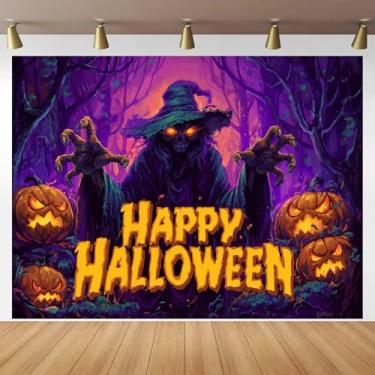 Imagem de BlissYard Tapeçaria de Feliz Dia das Bruxas Luz Negra Neon Brilha no Escuro Abóbora Assustadora Floresta Bruxa UV Terror Reativo para Quarto Sala de Estar Dormitório Decoração de Festa 198 x 159 cm