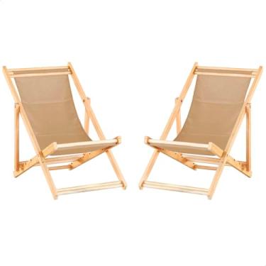 Imagem de Kit 2 Espreguiçadeiras Dobrável para Jardim - Sem Braço, Madeira Maciça Natural, Tecido Bege