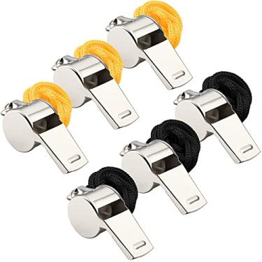 Imagem de SANNIX Pacote com 6 apitos de aço inoxidável com cordão, apitos esportivos de árbitro de treinadores para futebol, basquete, treinamento, academia, emergência